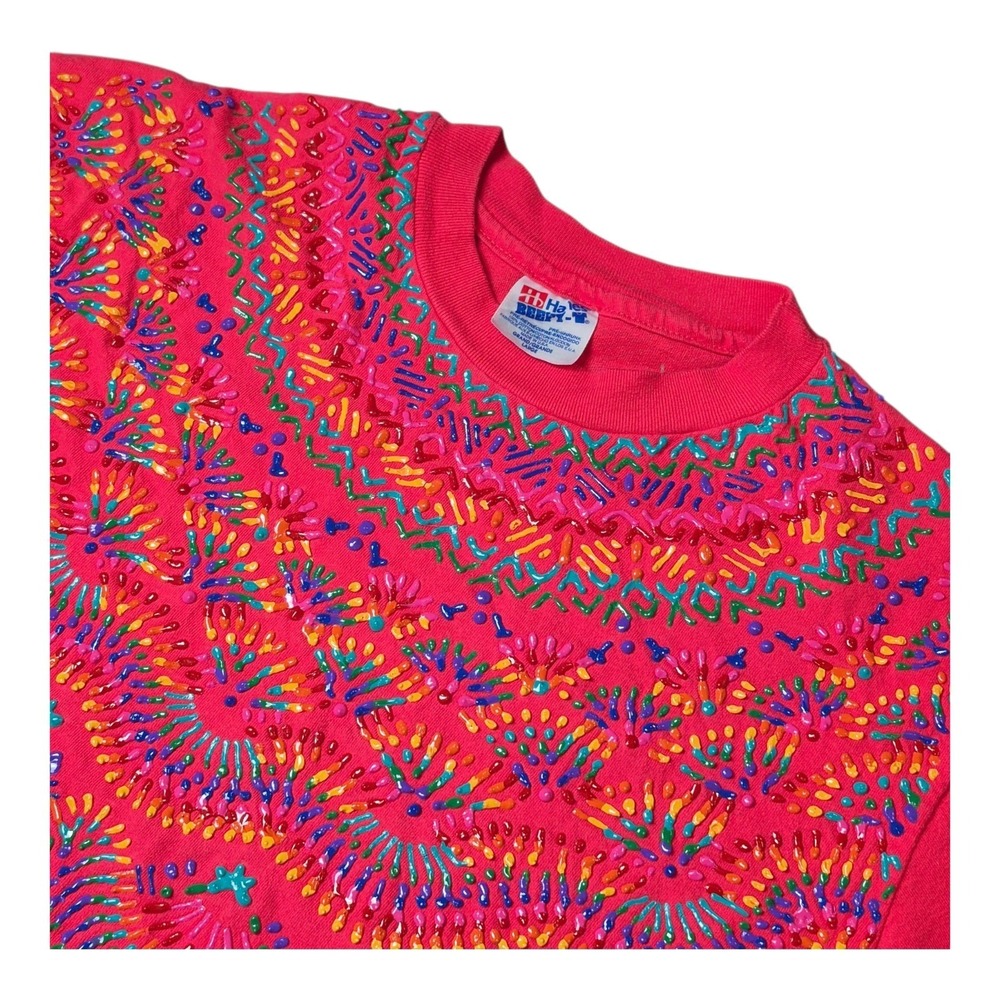 VTG Women's Large Pink Folk Art Puff Paint Crop Top Single Stitch USA T Shirt